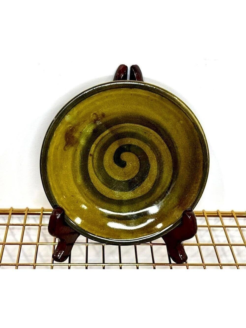 Signed Glazed Stoneware Studio Pottery Olive-Green Plate With Spiral Motif